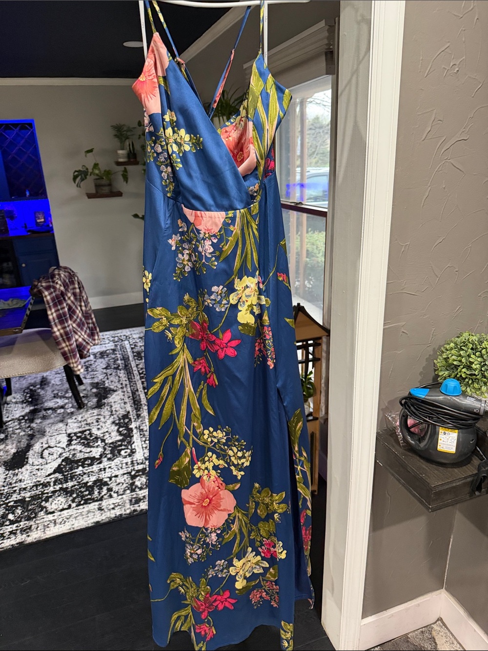 Lulus Blue Floral Maxi Slip Dress with Pink & Green Blooms